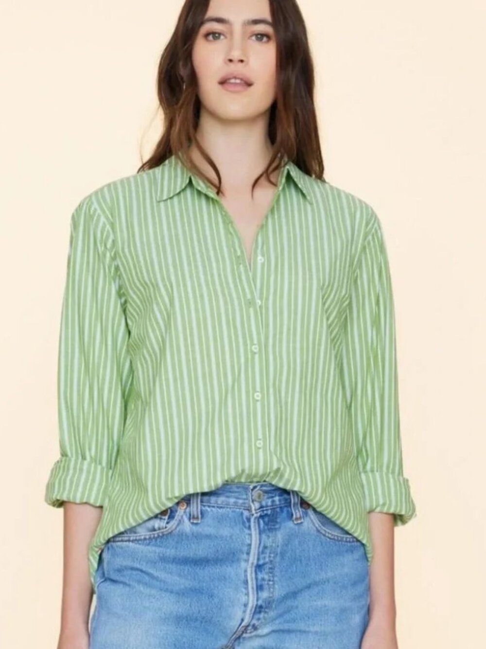 XIRENA Beau Shirt Matcha Green Stripe Cotton Boyfriend Button Down Top Medium